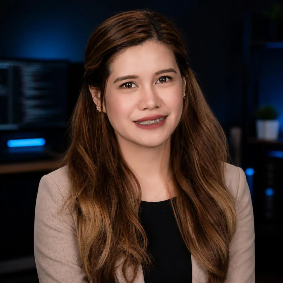 Julie Ann Aguirre wearing a beige blazer in a technology workspace
