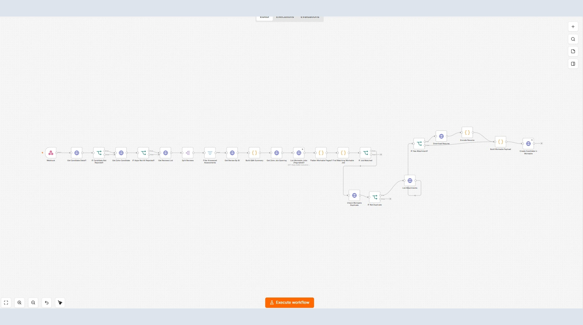 n8n interface showing recruitment integration workflow, with private details redacted.