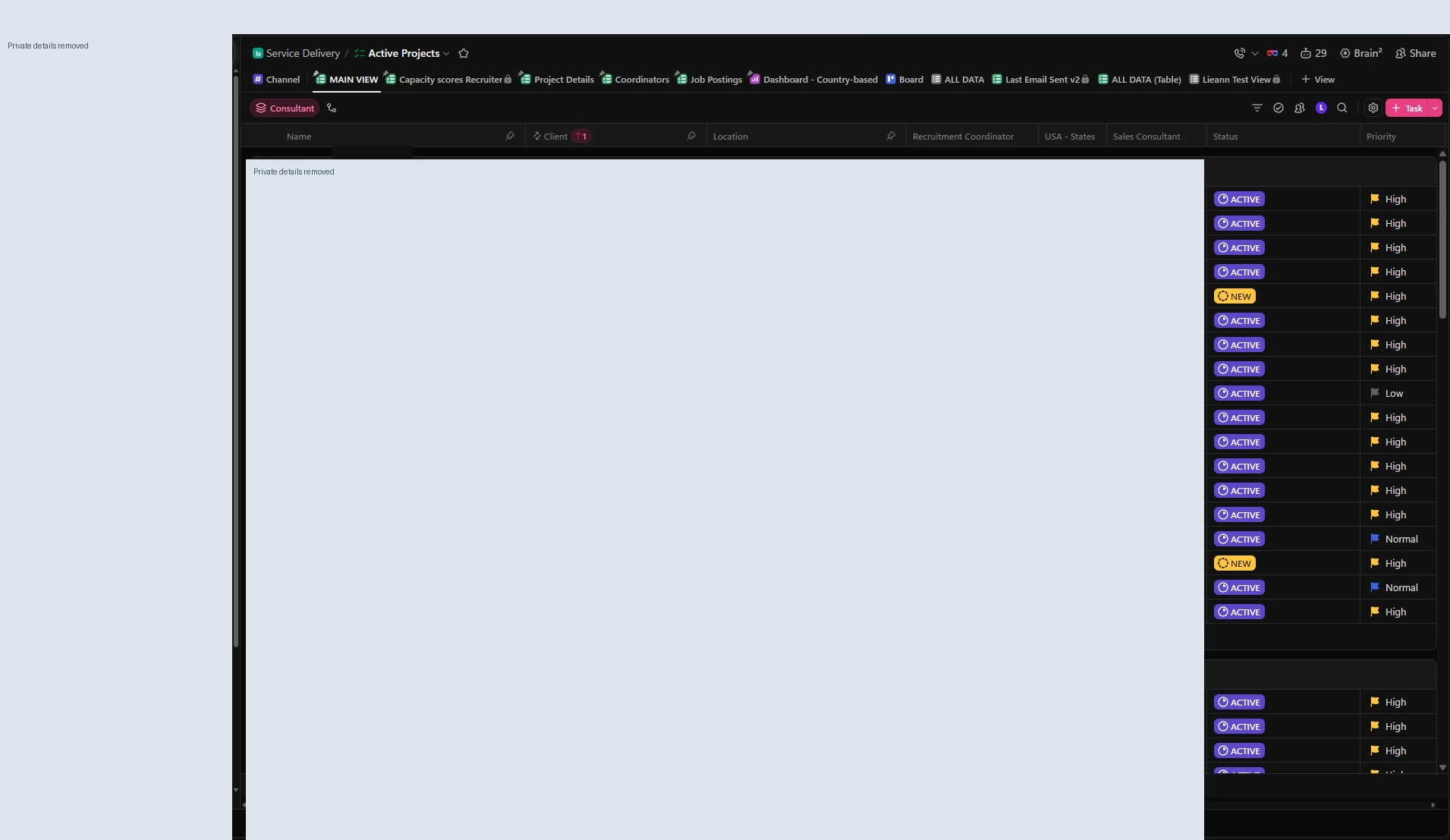 ClickUp interface showing task and workflow coordination, with private details redacted.