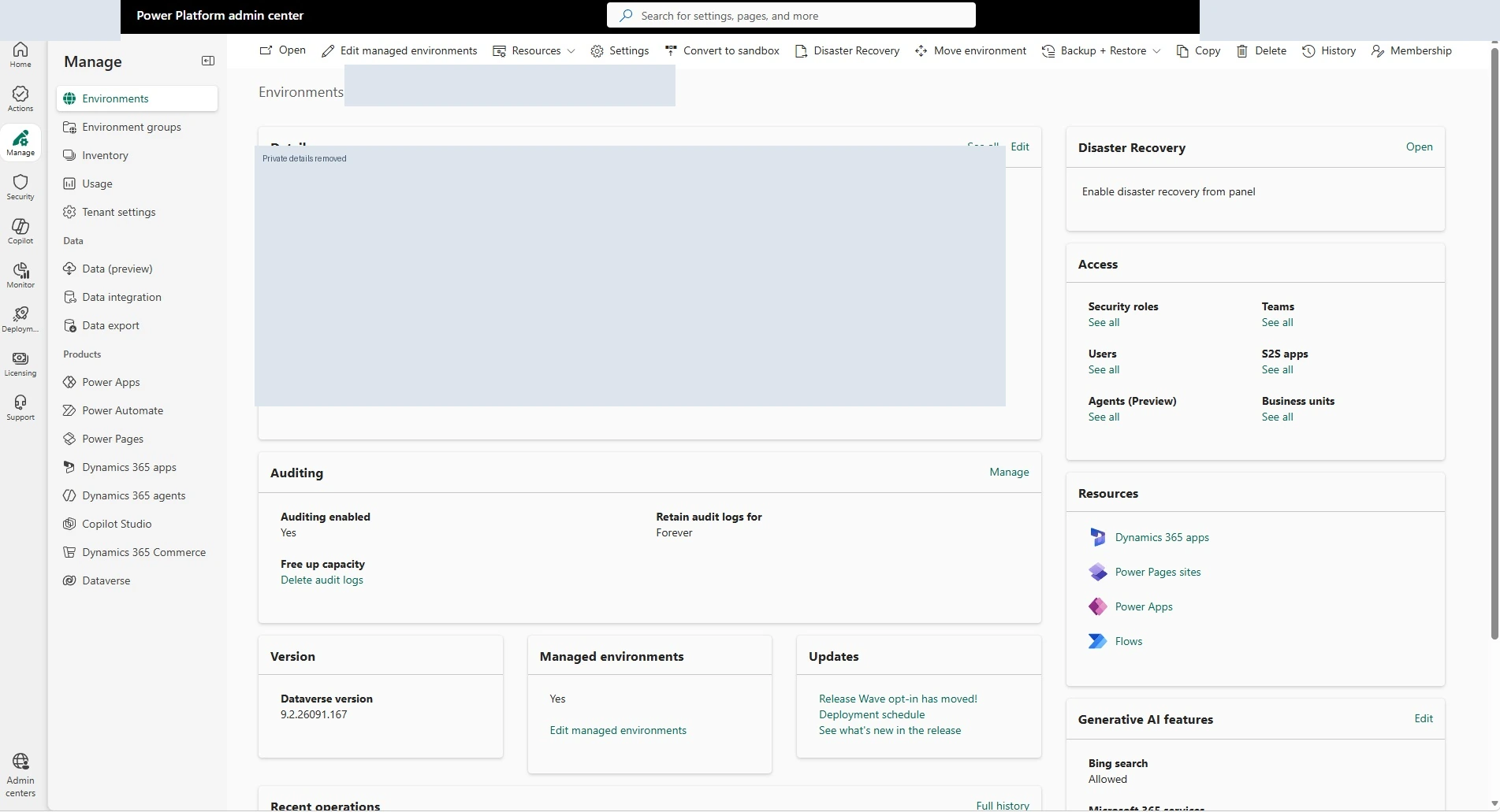 Microsoft Power Platform interface showing environment administration, with private details redacted.