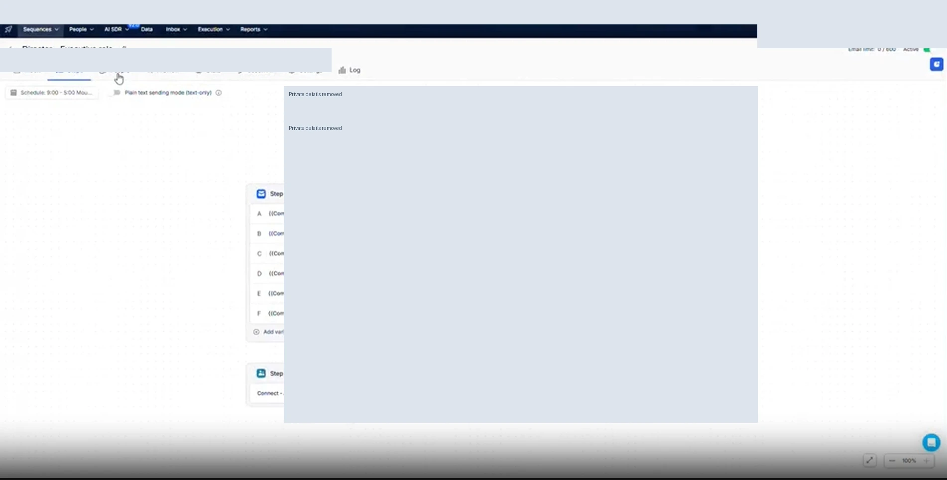 Reply.io interface showing outreach sequence builder, with private details redacted.