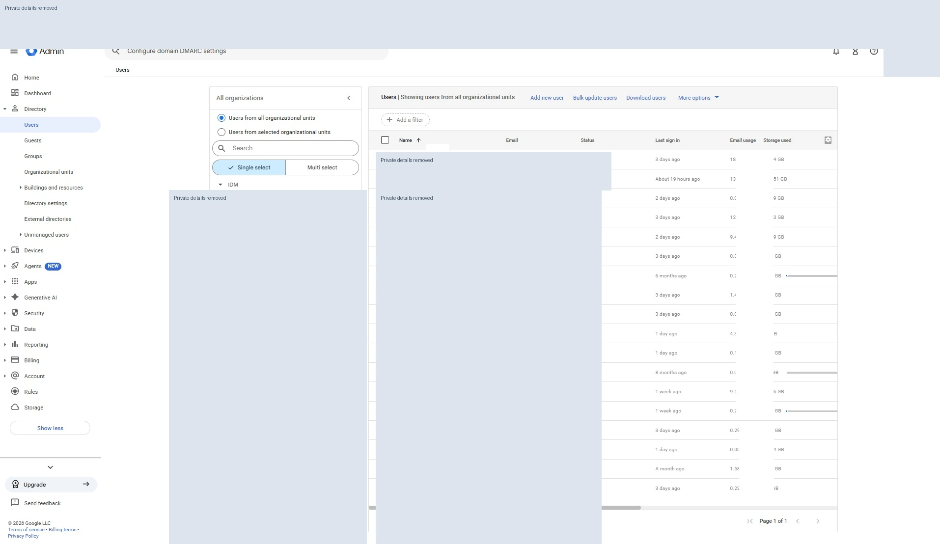 Google Admin Console interface showing user directory and organizational units, with private details redacted.