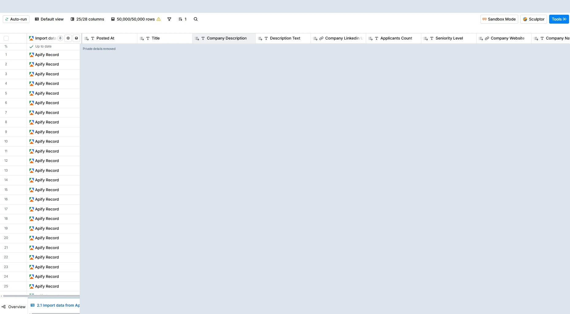 Clay interface showing enrichment table with apify imports, with private details redacted.
