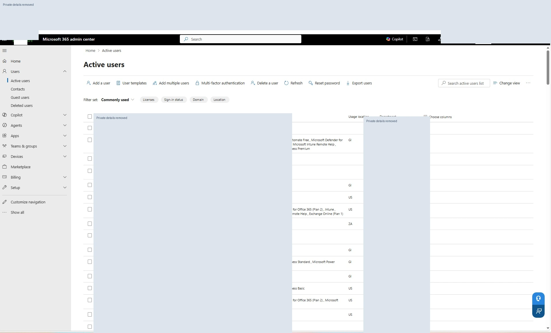 Microsoft 365 Admin Center interface showing user and license administration, with private details redacted.