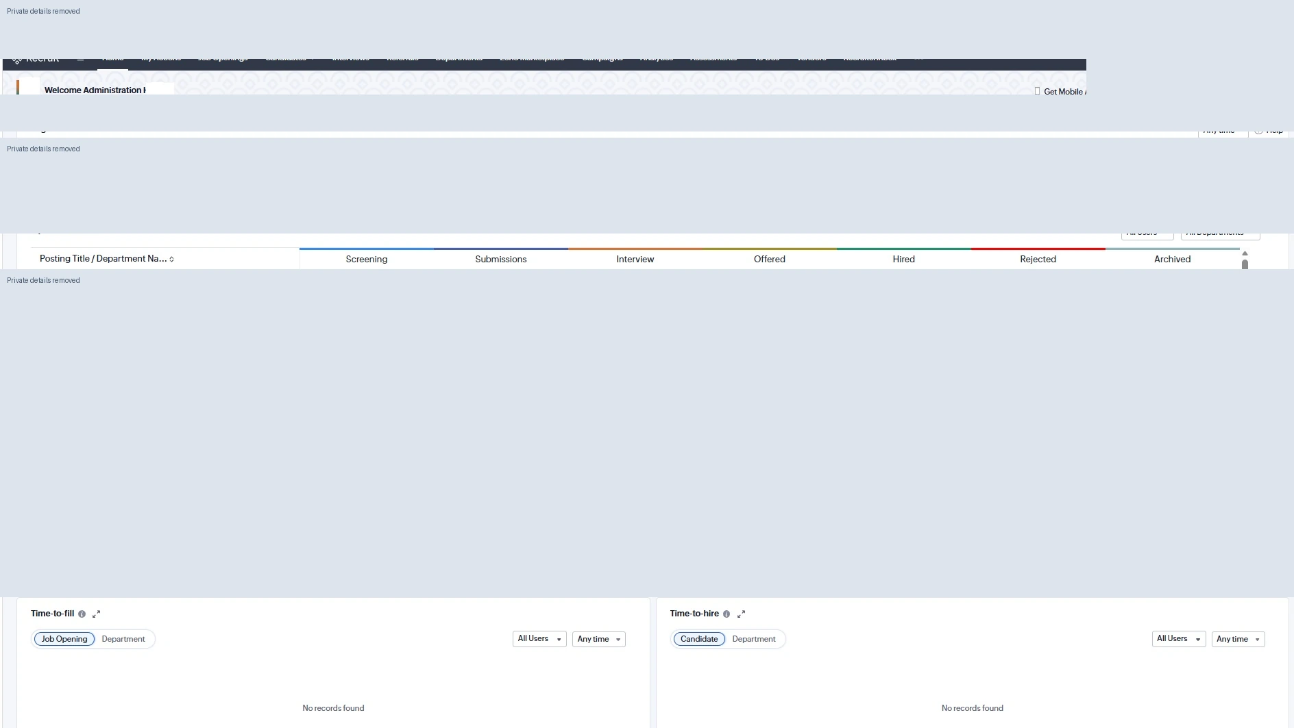 Zoho Recruit interface showing recruitment pipeline dashboard, with private details redacted.