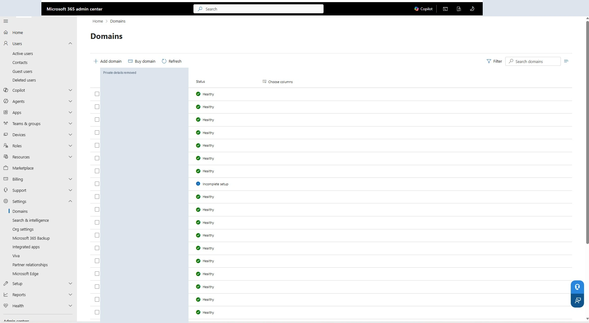 Microsoft 365 Admin Center interface showing domain management, with private details redacted.