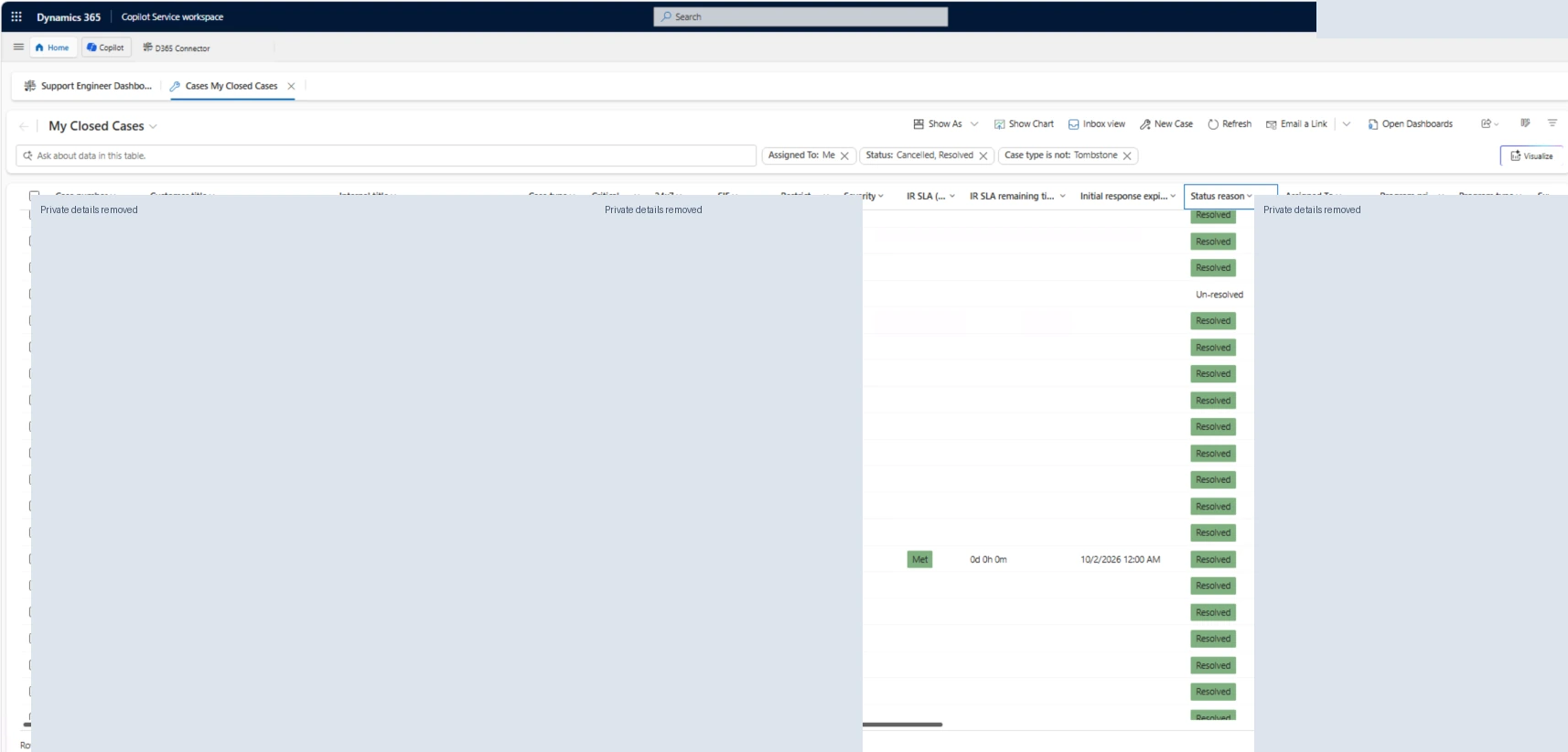 Dynamics 365 interface showing closed support cases, with private details redacted.